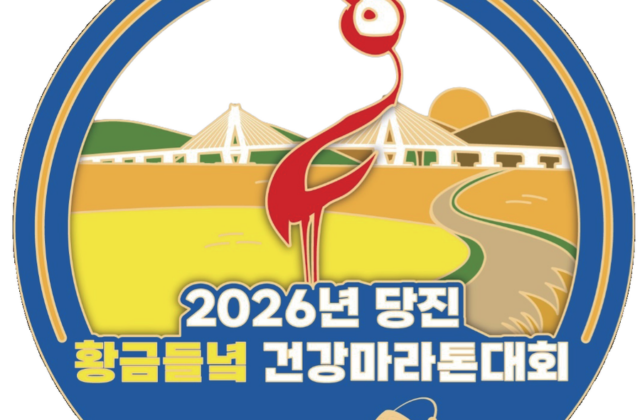 완주 메달 — 파란 테두리 안에 서해대교와 황금 들녘, 붉은 두루미가 그려져 있다