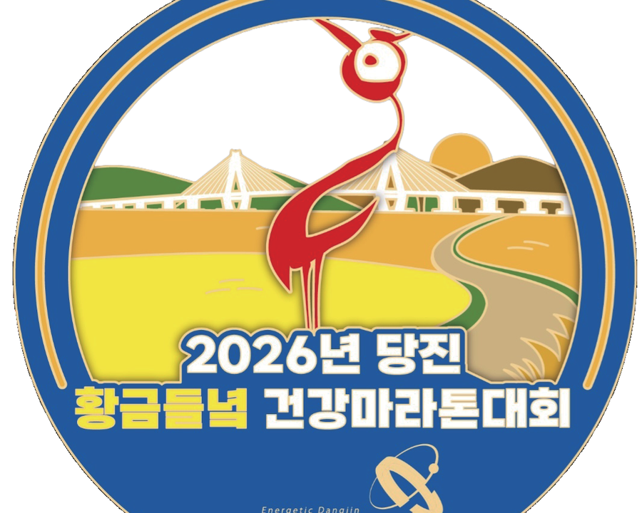 완주 메달 — 파란 테두리 안에 서해대교와 황금 들녘, 붉은 두루미가 그려져 있다