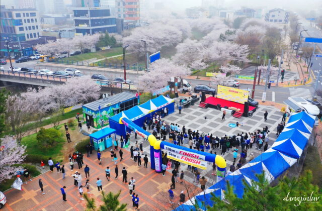 지난 대회 대회장 전경 — 무대와 행사 부스, 출발 아치가 보인다